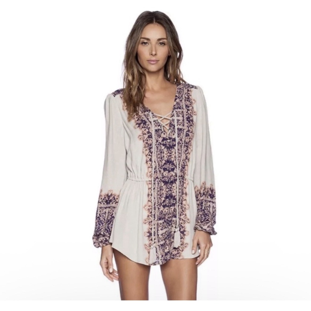 Free People Wildest Moments Boho Tunic Peasant Top Womens SZ S Tan Lace Up Flowy